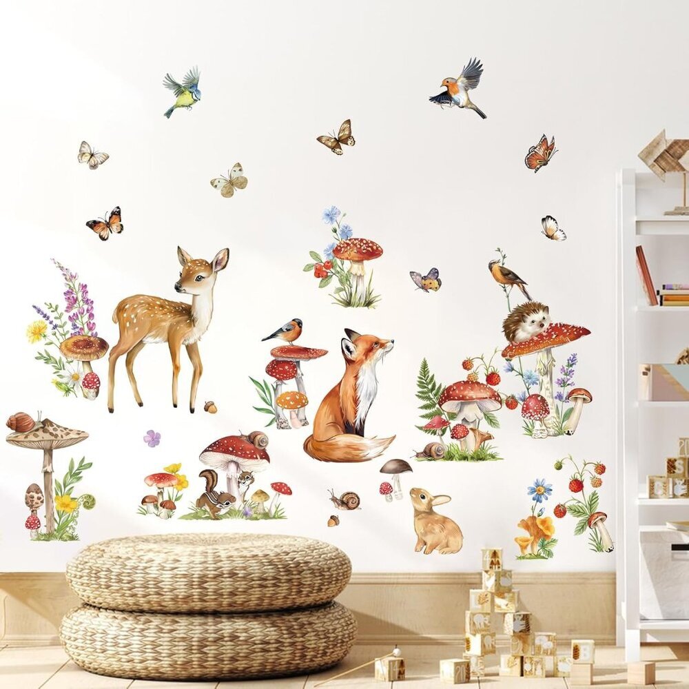 Woodland Animal Wall Stickers Mushroom Deer Fox Peel and Stick Wall Decals for K